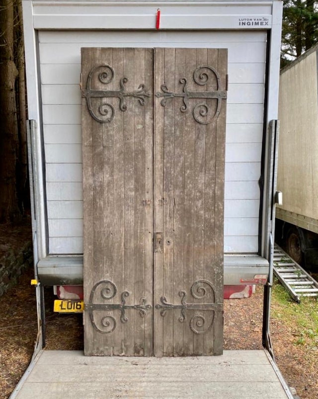 Pair of Victorian Oak Doors with Blacksmith Made Hand Forged Decorative  Strap Hinges (S-094) SOLD